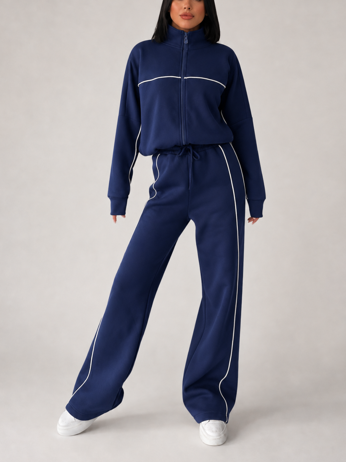 Conjunto Esportivo com Listras Casaco de Zíper e Calça Wide Leg - Pabline