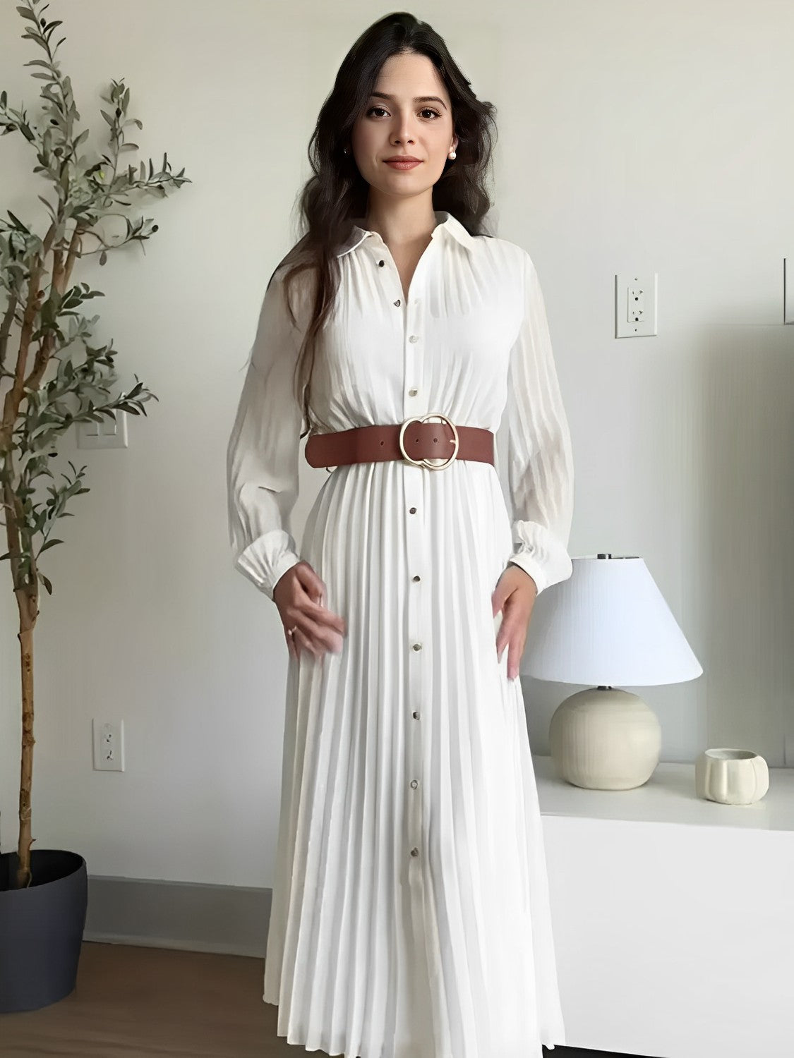 Vestido Chemise Midi Plissado com Botões Frontais – Fleur
