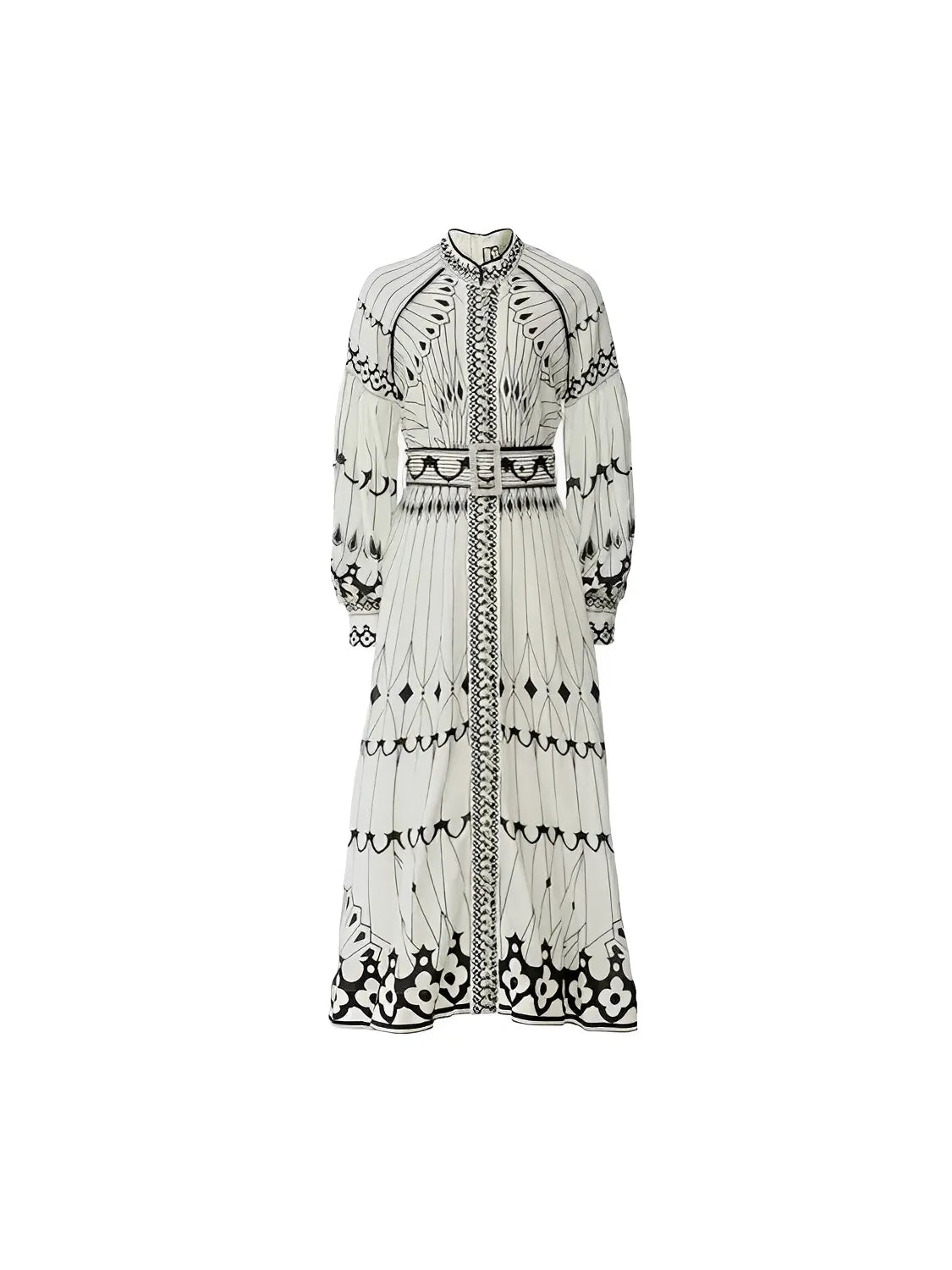 Vestido Midi Estampado com Gola Padre Cinto e Mangas Longas - Mia