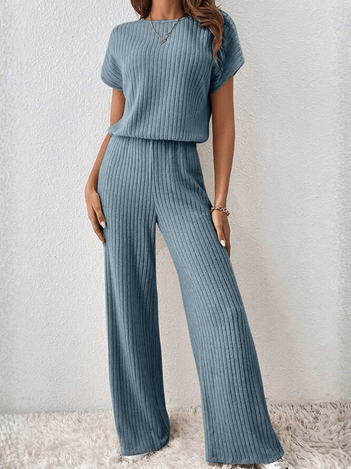 Conjunto Canelado com Blusa Manga Morcego e Calça Pantalona – Maite