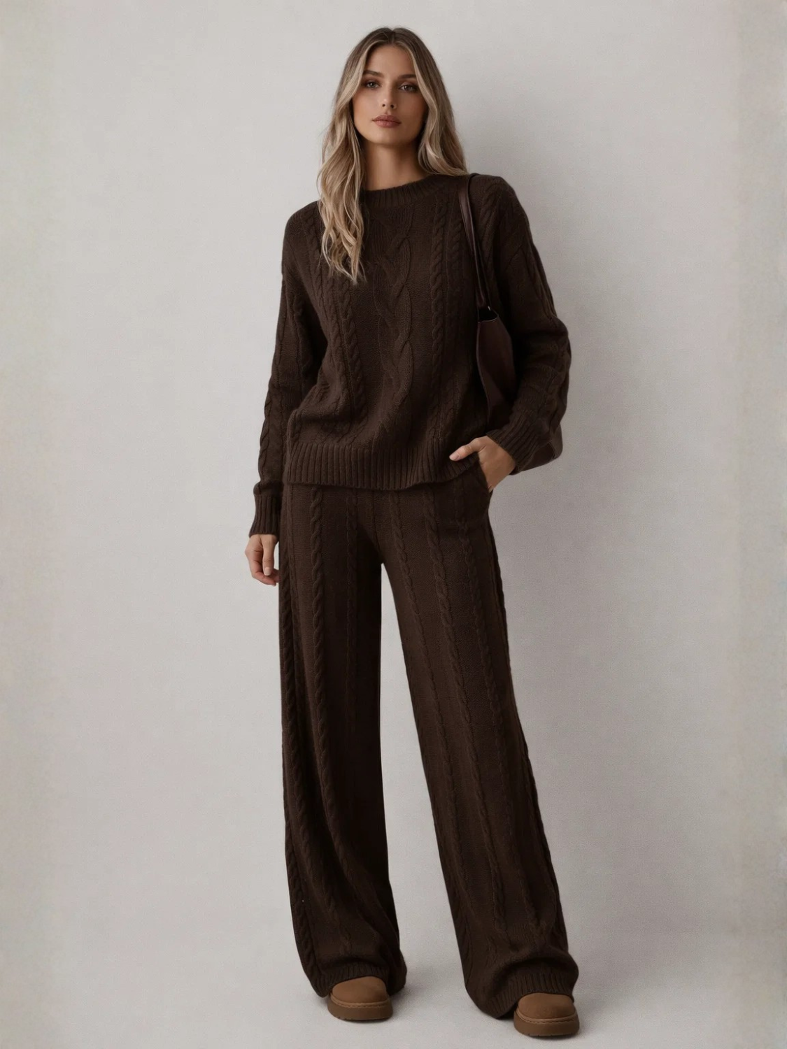 Conjunto em Tricô Trançado com Suéter Gola Alta e Calça Wide Leg - Sylvie