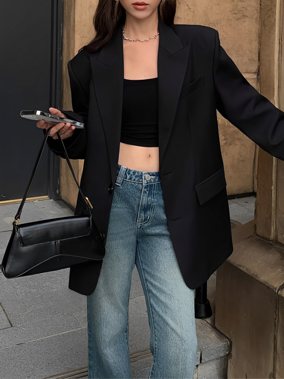 Blazer Oversized com Colarinho Entalhado e Bolsos - Aline