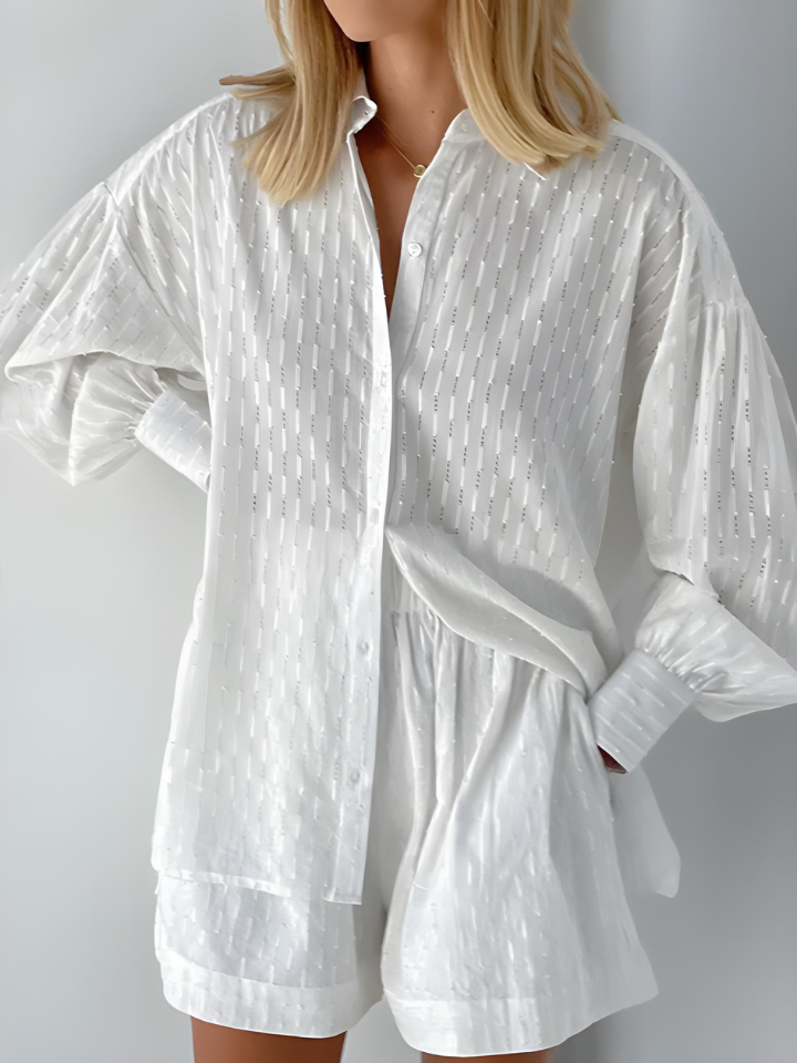 Conjunto de Laise Texturizado Com Camisa e Short Cintura Alta - Cate