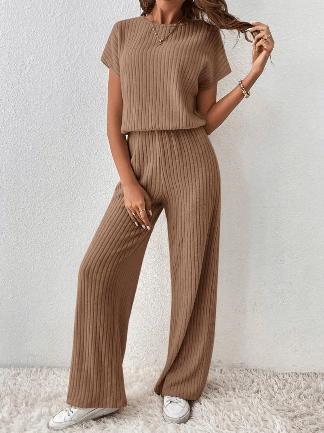 Conjunto Canelado com Blusa Manga Morcego e Calça Pantalona – Maite