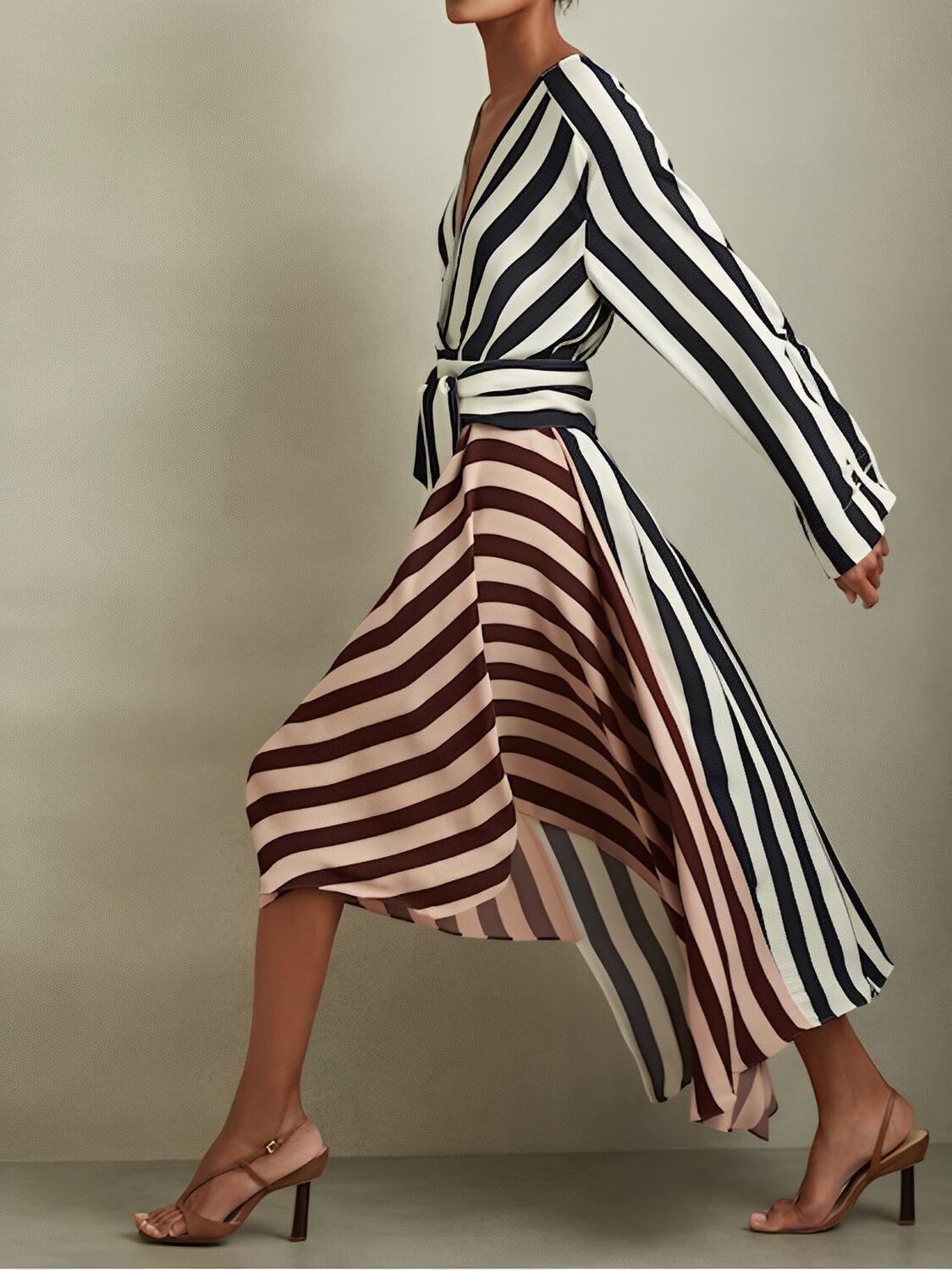 Vestido Mullet Listrado Manga Longa com Decote V Bicolor - Maris [FRETE FULL]