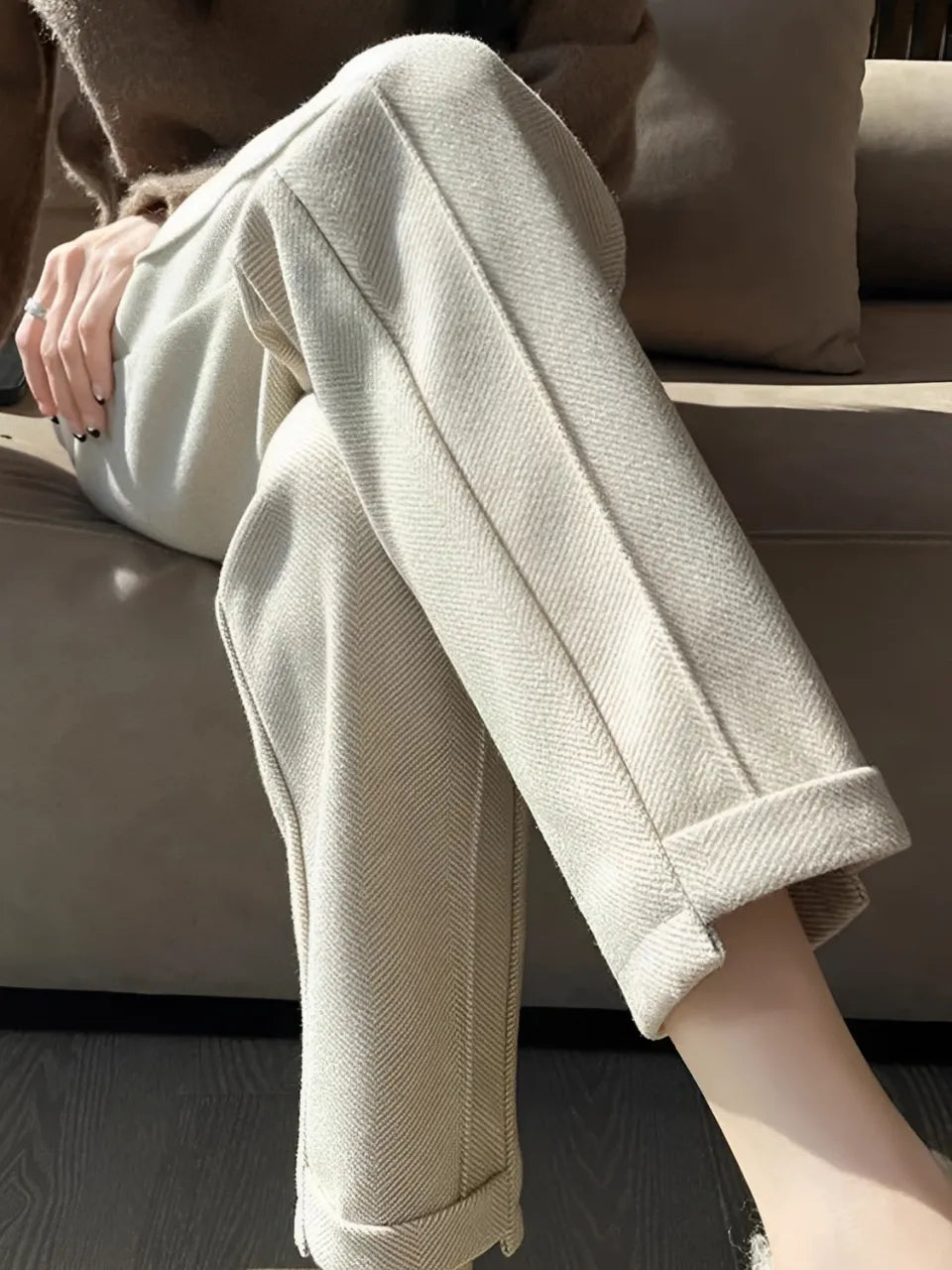 Calça Feminina Reta de Lã Caxemira com Cintura Alta e Elástico – Leda [FRETE FULL]