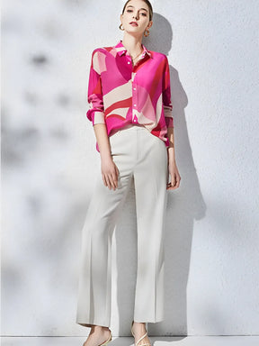 Camisa Estampada Elegante Rosa com Gola Polo e Botões - Rayra