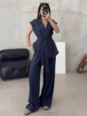 Conjunto Alfaiataria com Blusa de  Amarração e Calça Pantalona - Dominique [FRETE FULL]