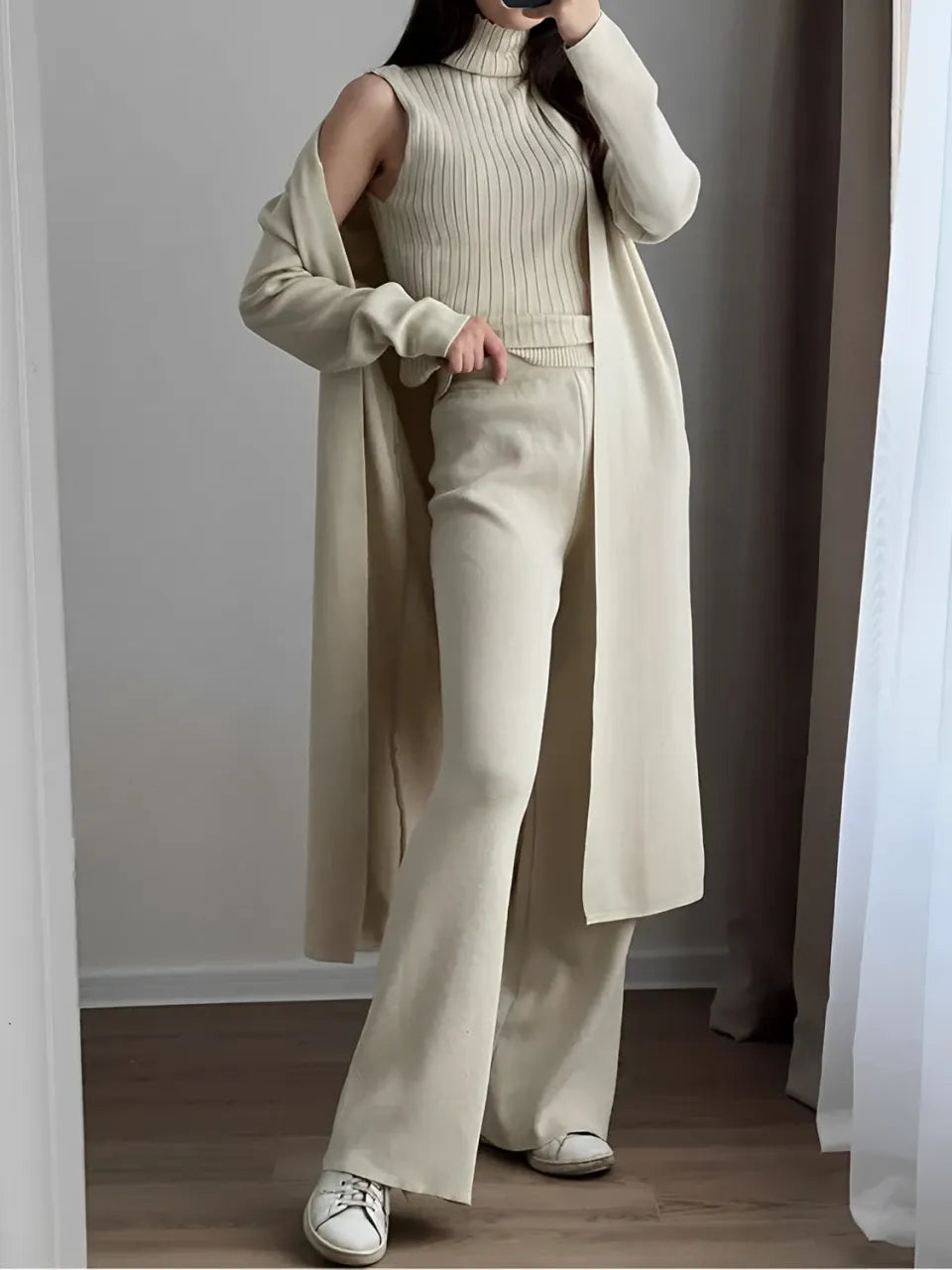 Conjunto 3 Peças com Blusa Canelada  Cardigan e Calça Pantalona - Lolla