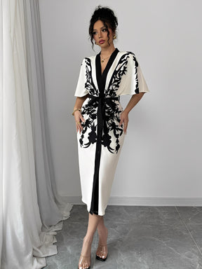 Vestido Midi Floral Arabesco com Manga Morcego Elegante - Inez [FRETE FULL]