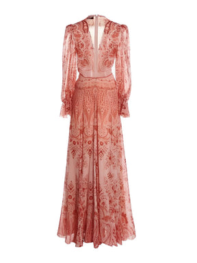 Vestido Longo Estampado Acinturado com Mangas Longas Elegantes – Clarisse
