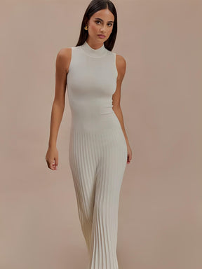 Vestido Longo em Tricô Canelado com Gola Alta e Saia Plissada – Sonia [FRETE FULL]