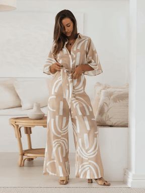 Macacão Longo Chemise Estampado Pantalona com Manga Sino e Faixa - Kendra