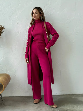 Conjunto 3 Peças com Blusa Canelada  Cardigan e Calça Pantalona - Lolla