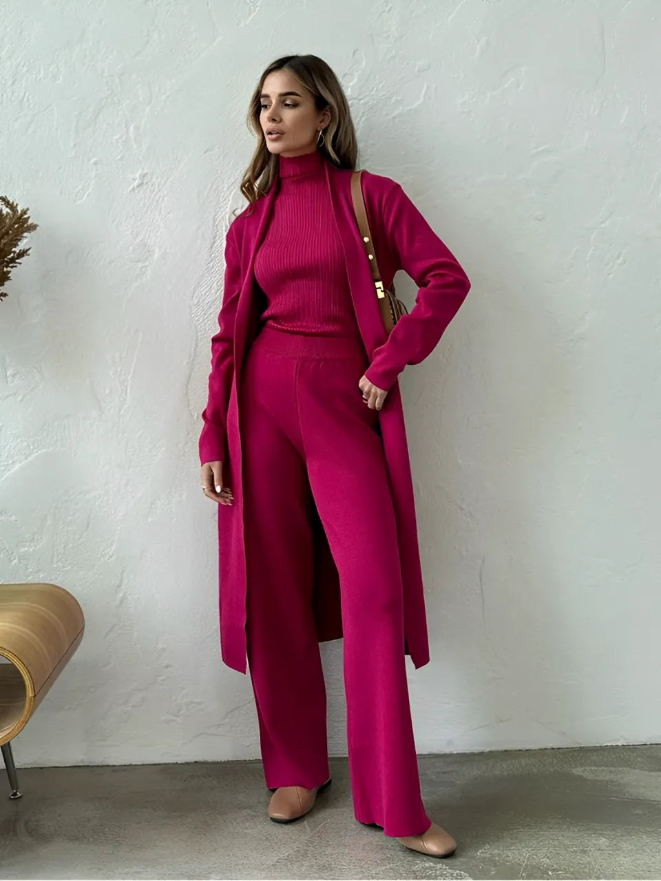 Conjunto 3 Peças com Blusa Canelada  Cardigan e Calça Pantalona - Lolla