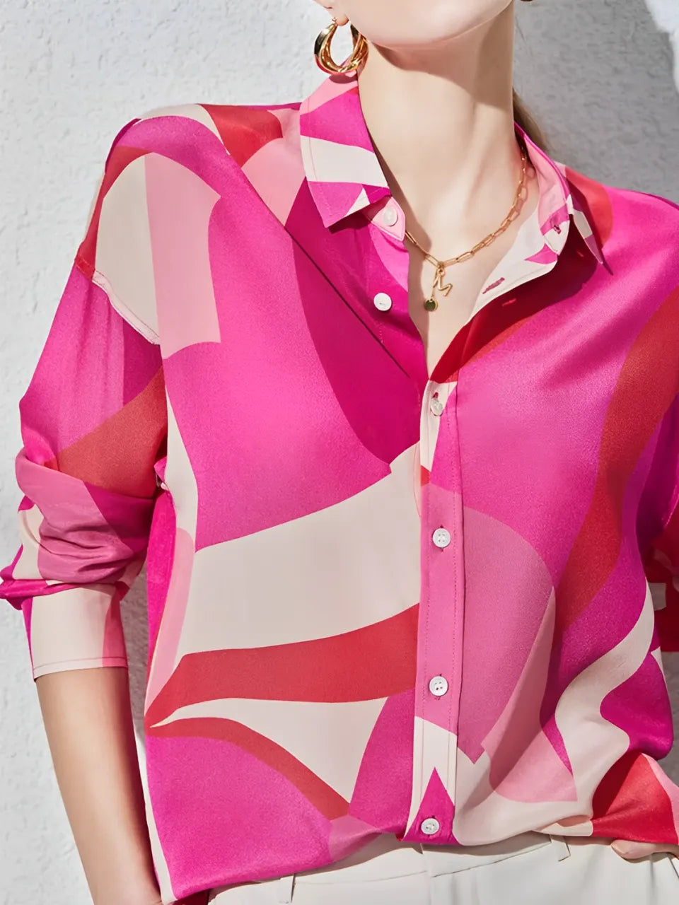 Camisa Estampada Elegante Rosa com Gola Polo e Botões - Rayra
