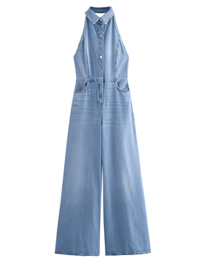 Macacão Jeans Pantalona com Decote Nadador e Bolsos - Jordana
