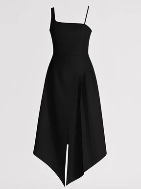 Vestido Midi Assimétrico Acinturado e Capa Sobreposta Removível – Soraya