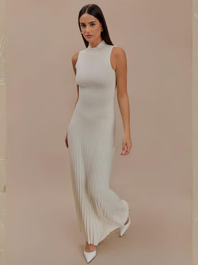 Vestido Longo em Tricô Canelado com Gola Alta e Saia Plissada – Sonia [FRETE FULL]