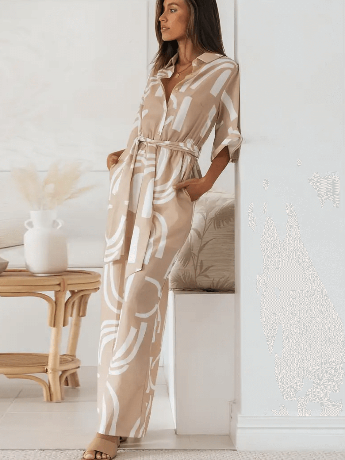 Macacão Longo Chemise Estampado Pantalona com Manga Sino e Faixa - Kendra
