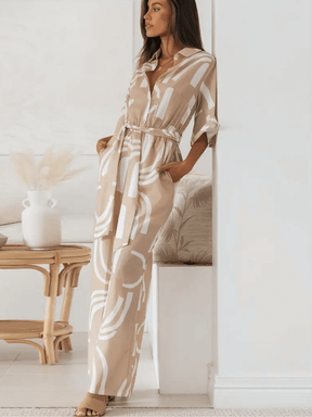 Macacão Longo Chemise Estampado Pantalona com Manga Sino e Faixa - Kendra