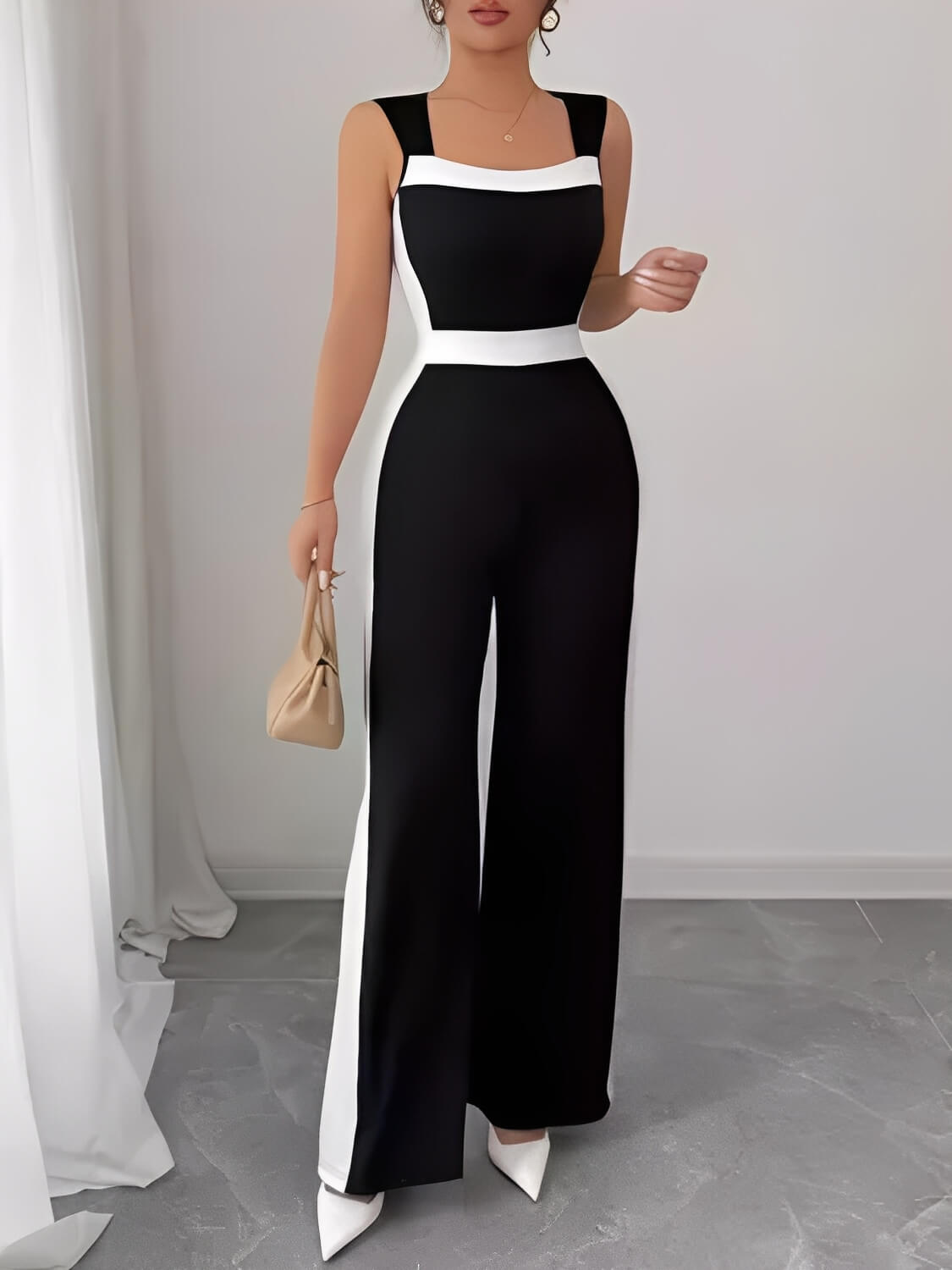 Macacão Longo Pantalona com Faixas Laterais e Gola Quadrada – Eliane [FRETE FULL]