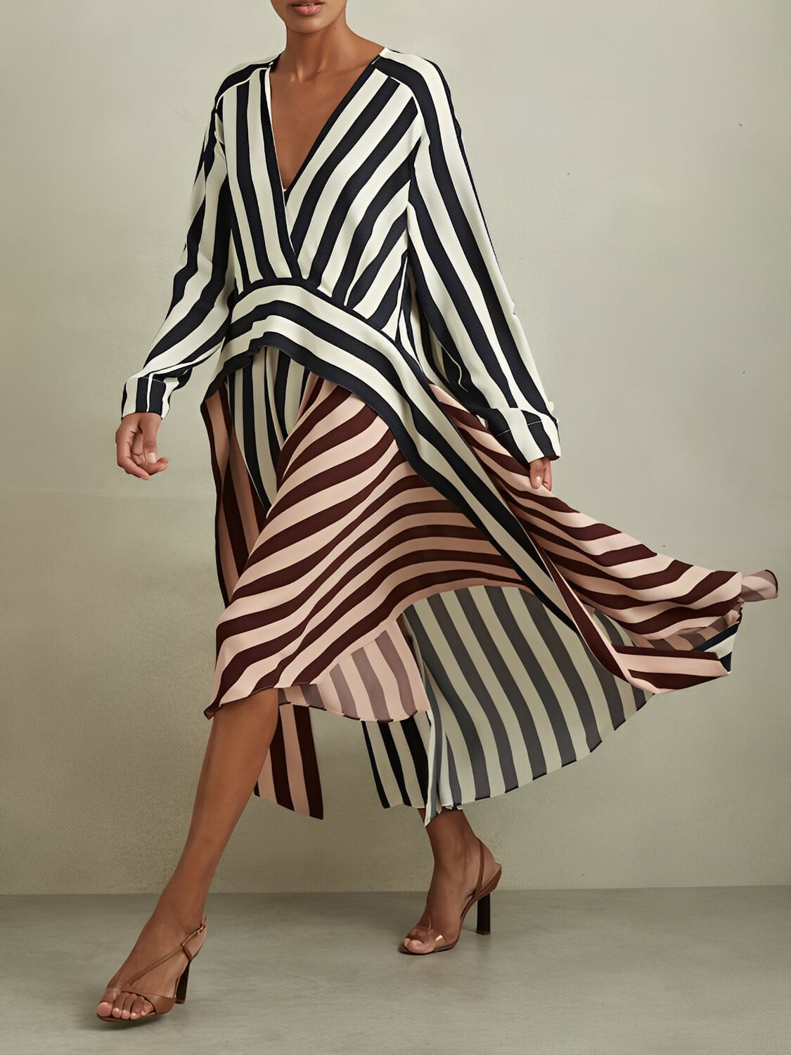 Vestido Mullet Listrado Manga Longa com Decote V Bicolor - Maris [FRETE FULL]