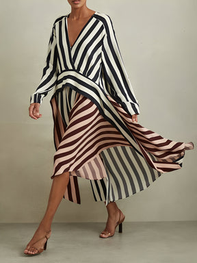 Vestido Mullet Listrado Manga Longa com Decote V Bicolor - Maris [FRETE FULL]