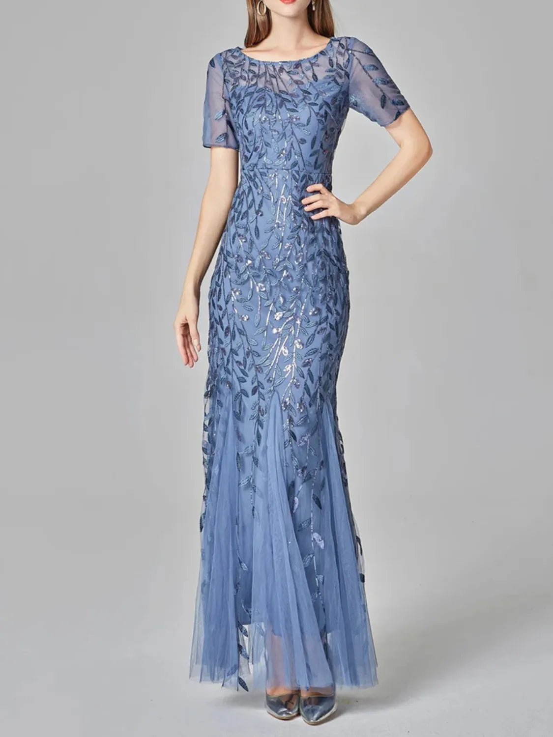Vestido Longo de Festa Sereia com Tule Transparente e Bordados -  Lyra [FRETE FULL]