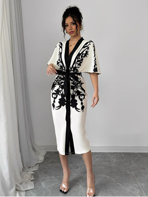 Vestido Midi Floral Arabesco com Manga Morcego Elegante - Inez