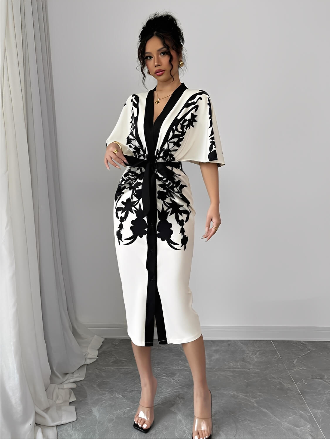 Vestido Midi Floral Arabesco com Manga Morcego Elegante - Inez [FRETE FULL]