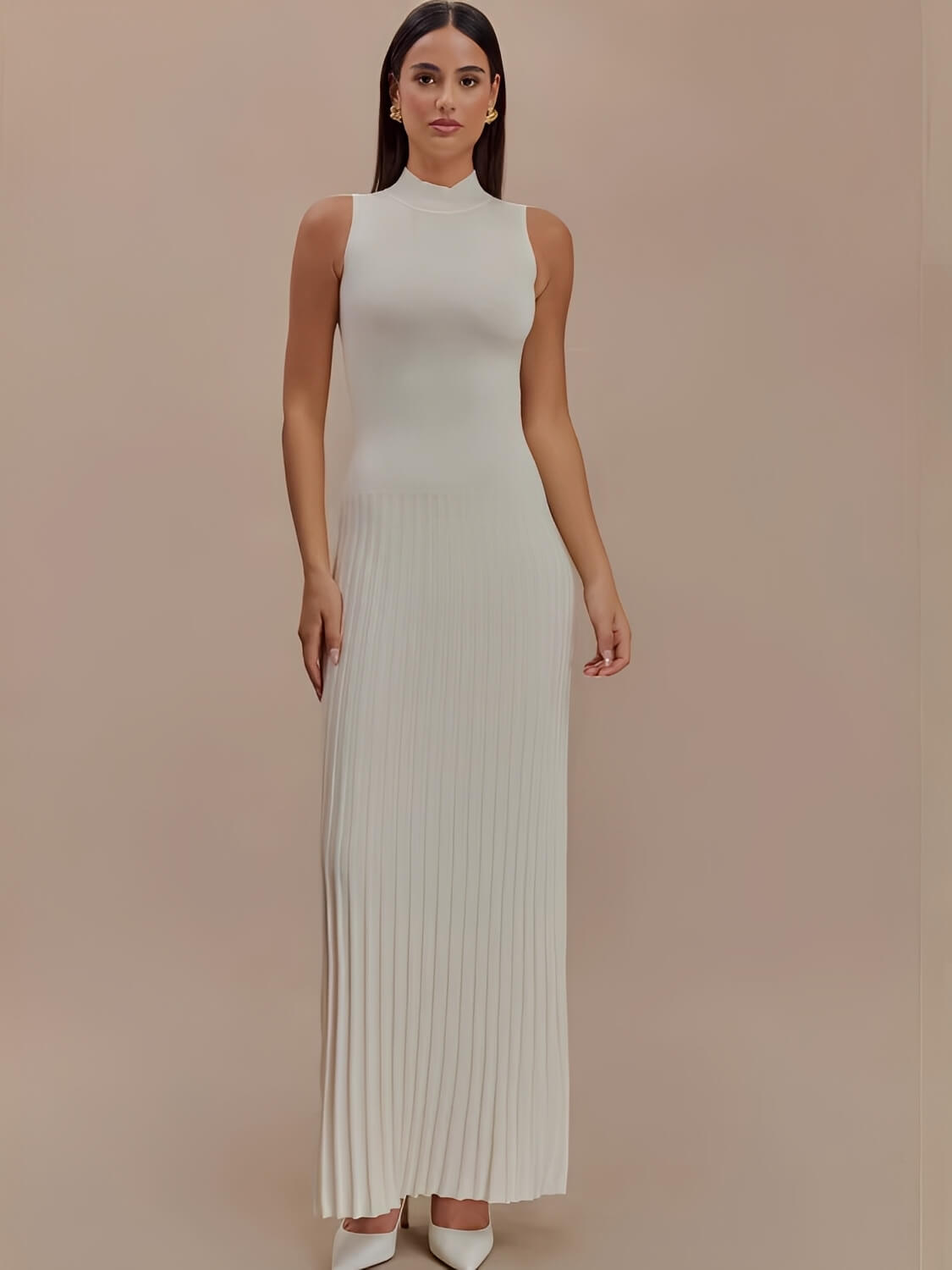 Vestido Longo em Tricô Canelado com Gola Alta e Saia Plissada – Sonia [FRETE FULL]