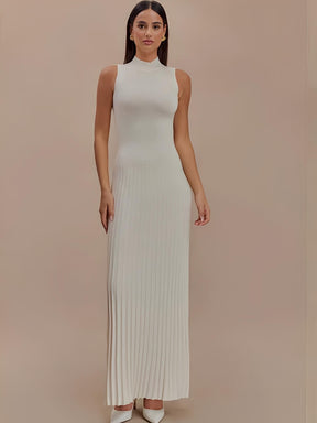 Vestido Longo em Tricô Canelado com Gola Alta e Saia Plissada – Sonia [FRETE FULL]