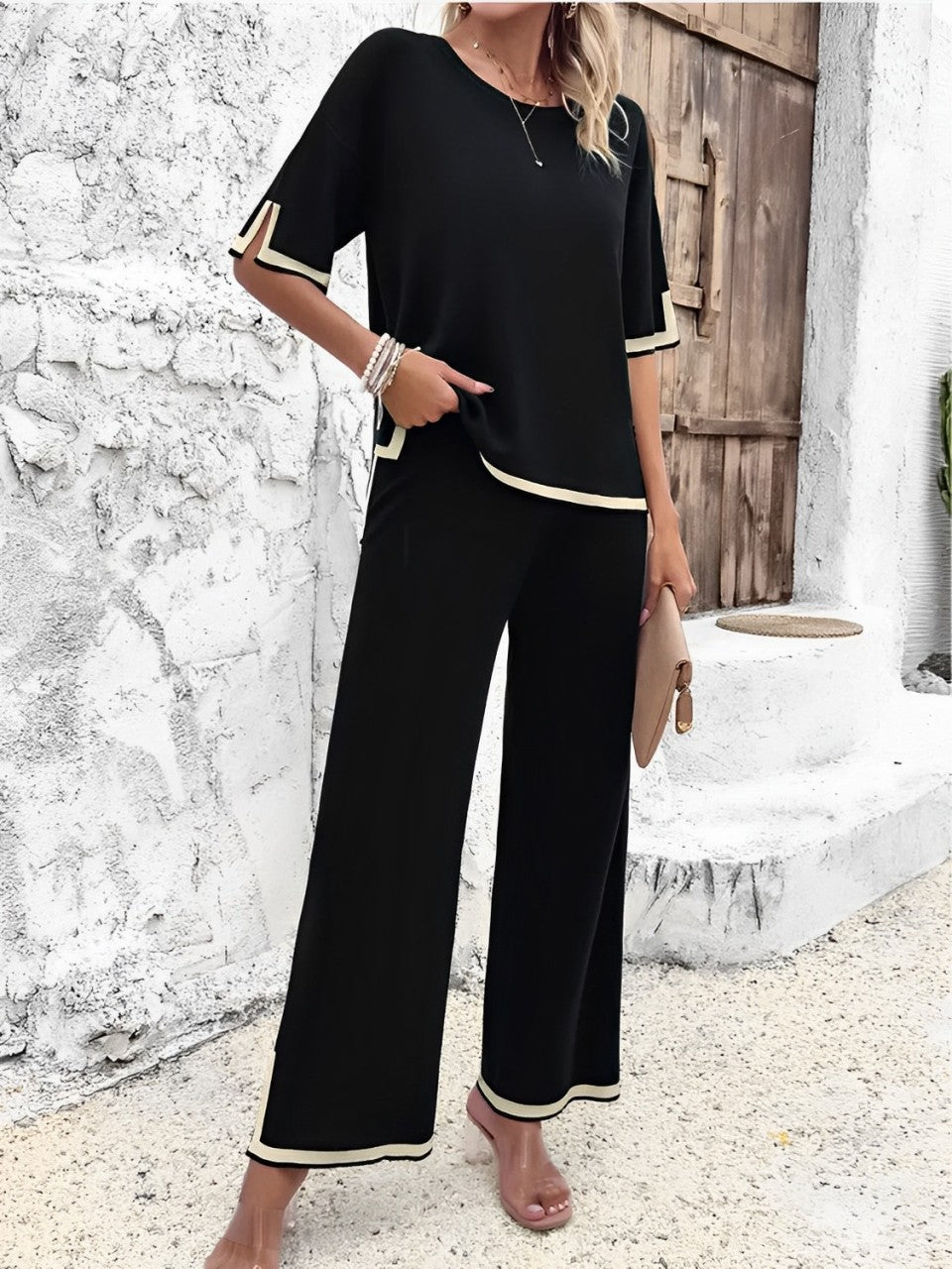 Conjunto Feminino em Viscose com Blusa Mullet de Manga Curta e Calça Cintura Alta com Fenda na Barra - Mirtes [FRETE FULL]