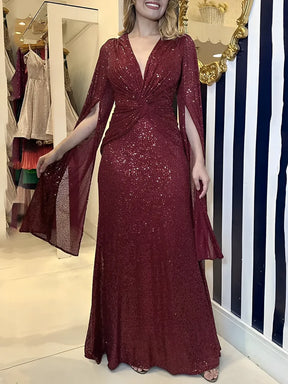 Vestido Feminino Longo de Festa Paêtes Decote em V e Nó na Cintura  - Dafne [FRETE FULL]