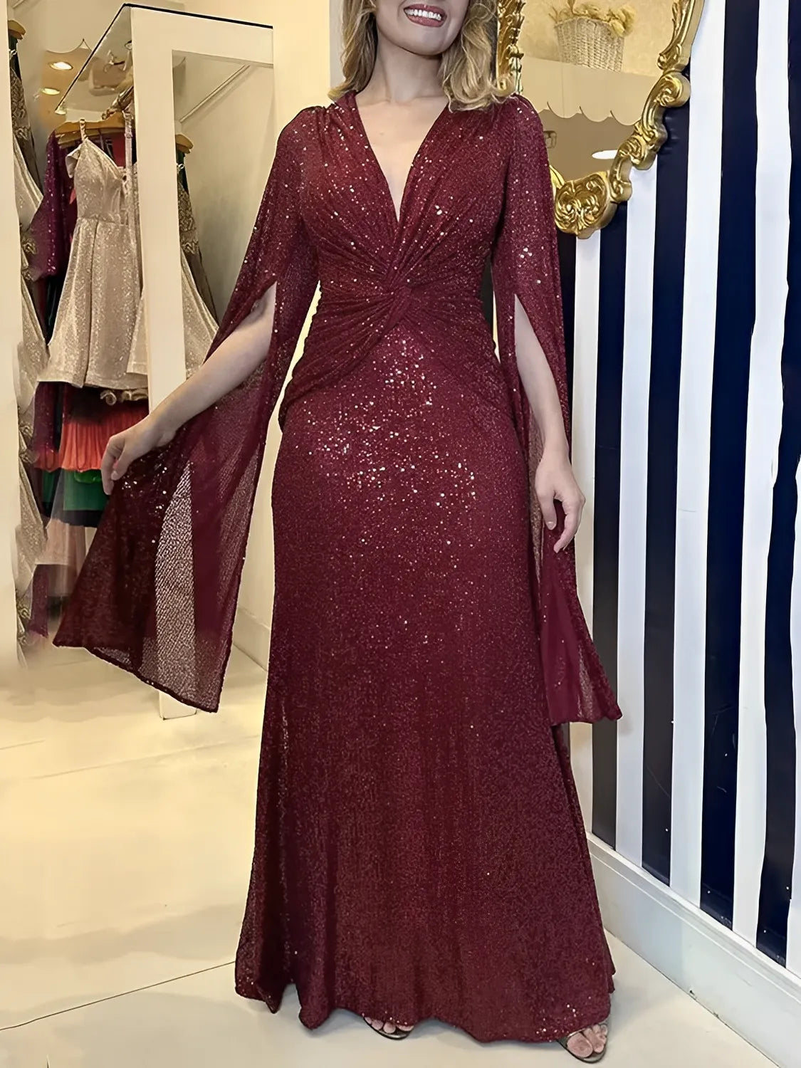 Vestido Longo de Festa em Paetês com Decote em V e Nó na Cintura – Dafne