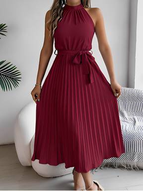 Vestido Midi Plissado com Decote Halter e Faixa Ajustável na Cintura – Dora [FRETE FULL]