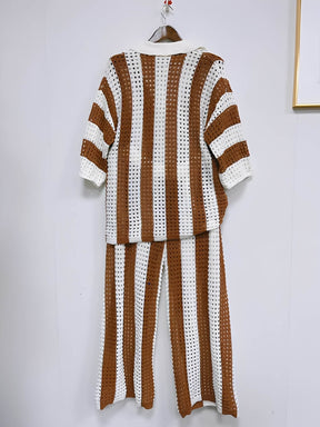 Conjunto em Crochê Vazado com Camisa Gola Polo e Calça Pantalona - Agnes