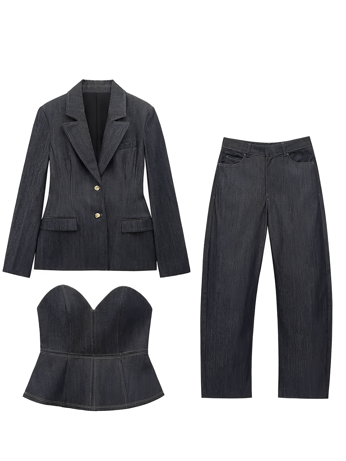 Conjunto Jeans 3 Peças Blazer Corset Peplum e Calça Pantalona - Kendall