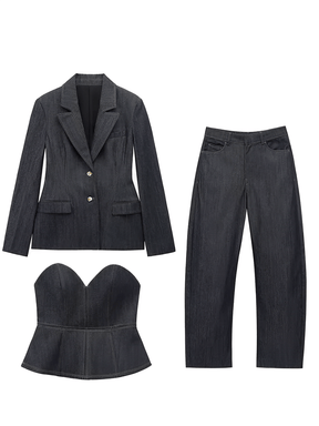 Conjunto Jeans 3 Peças Blazer Corset Peplum e Calça Pantalona - Kendall