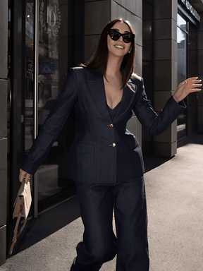 Conjunto Jeans 3 Peças Blazer Corset Peplum e Calça Pantalona - Kendall