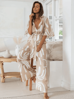 Macacão Longo Chemise Estampado Pantalona com Manga Sino e Faixa - Kendra