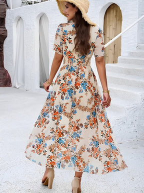 Vestido Midi Floral Fluido com Decote em V e Mangas Curtas – Salma [FRETE FULL]