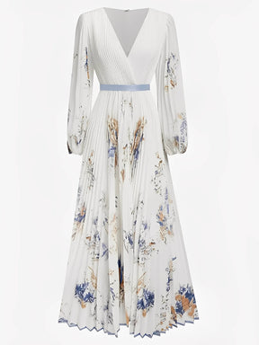 Vestido Longo Plissado Floral com Decote em V e Cinto-Faixa – Seraphina [FRETE FULL]