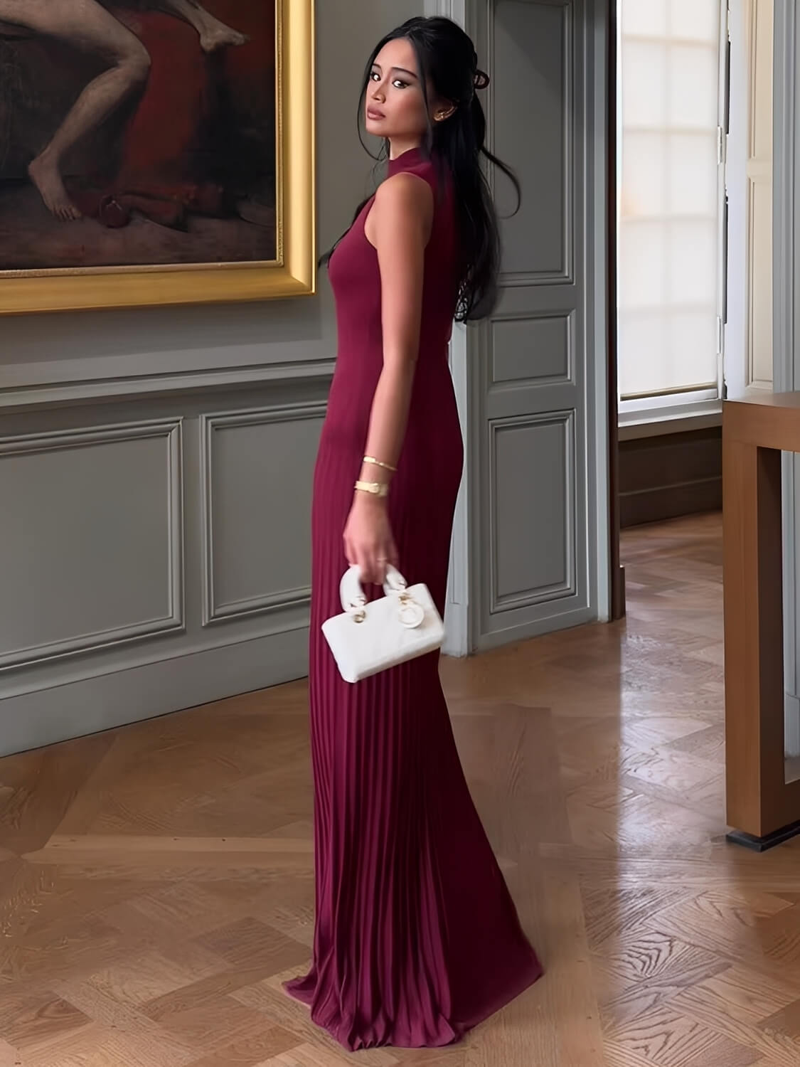 Vestido Longo em Tricô Canelado com Gola Alta e Saia Plissada – Sonia [FRETE FULL]