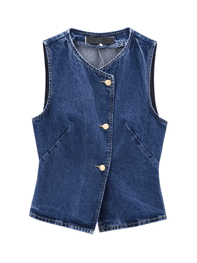 Colete Jeans Ajustado com Fechamento Assimétrico em Botões – Rose