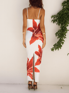 Vestido Longo Floral de Alças com Fenda Decote Quadrado - Izabella