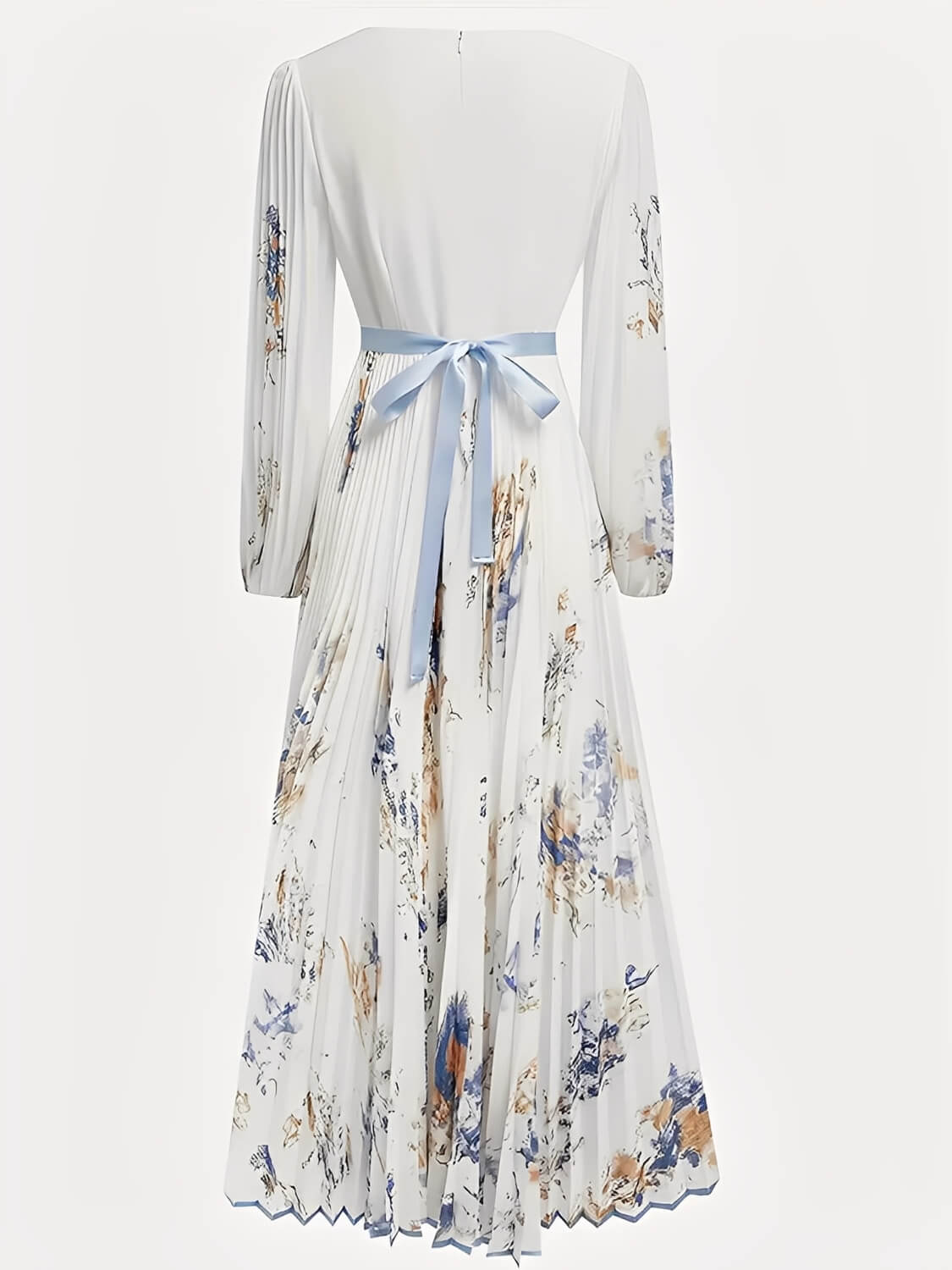 Vestido Longo Plissado Floral com Decote em V e Cinto-Faixa – Seraphina [FRETE FULL]