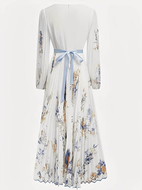 Vestido Longo Plissado Floral com Decote em V e Cinto-Faixa – Seraphina [FRETE FULL]