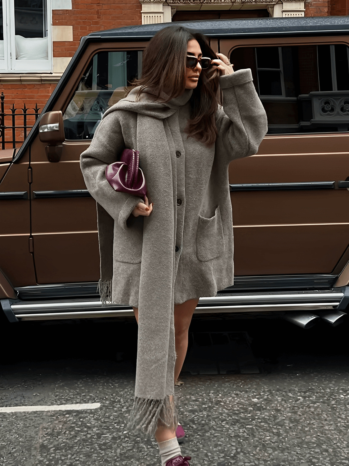 Casaco Oversized em Lã Batida com Cachecol Removível - Marjorie